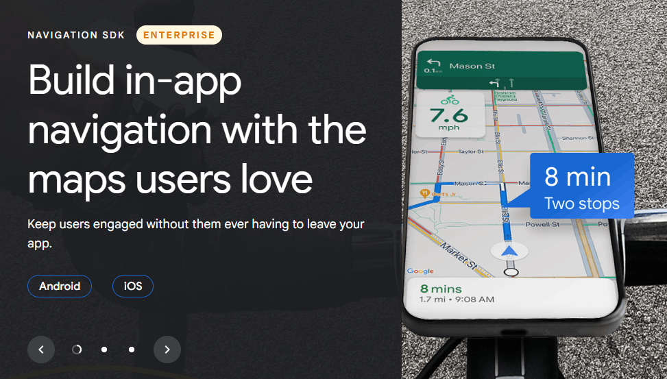 Website banner promoting enterprise navigation SDK for mobile apps