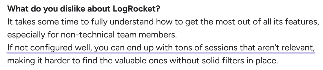 User review describing LogRocket session filtering challenges on G2