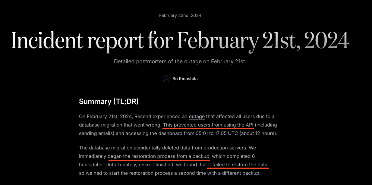 Incident report detailing production outage caused by failed database migration