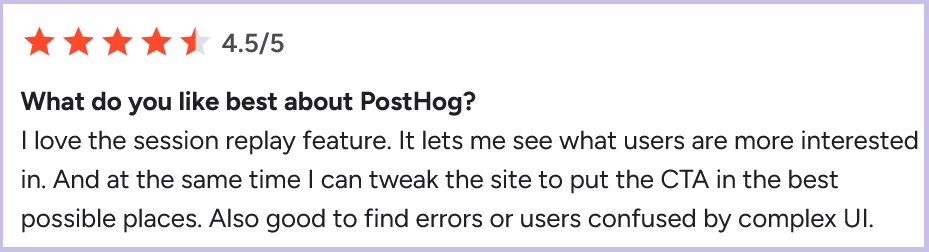 PostHog user review praising session replay and usability features on G2