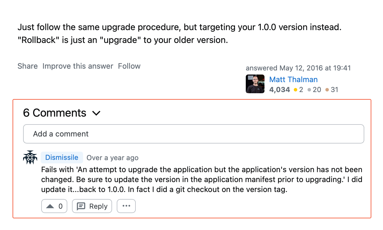 Stack Overflow answer explaining rollback as upgrade to older version