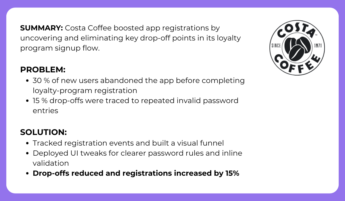 Case study showing app drop-off reduction and 15% increase in registrations