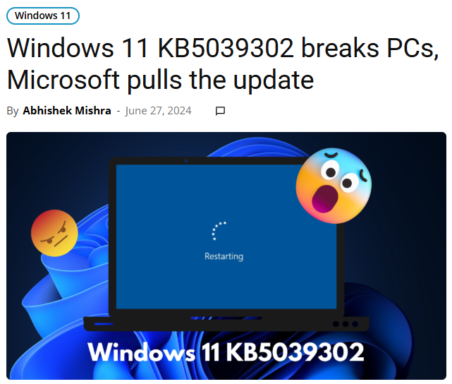 Article headline about Windows 11 update causing issues and rollback