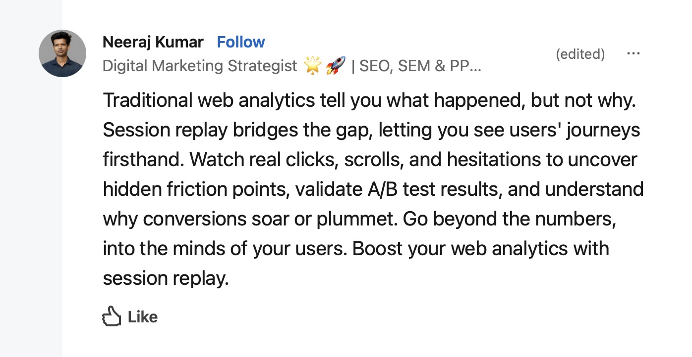 LinkedIn post explaining how session replay improves web analytics insights