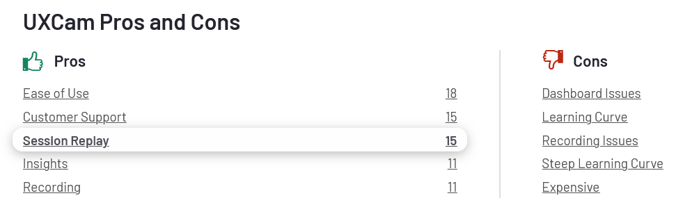 UXCam pros and cons comparison list screenshot on G2
