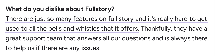 User review describing Fullstory feature complexity on G2