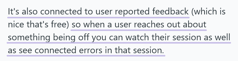 User comment about session replay and connected error tracking on Reddit