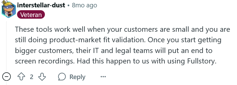 User discussion about Fullstory and screen recording limitations on Reddit