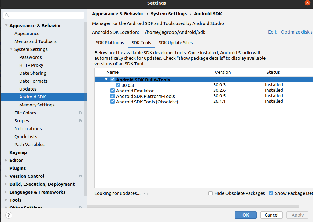 Android Studio settings showing installed Android SDK build tools
