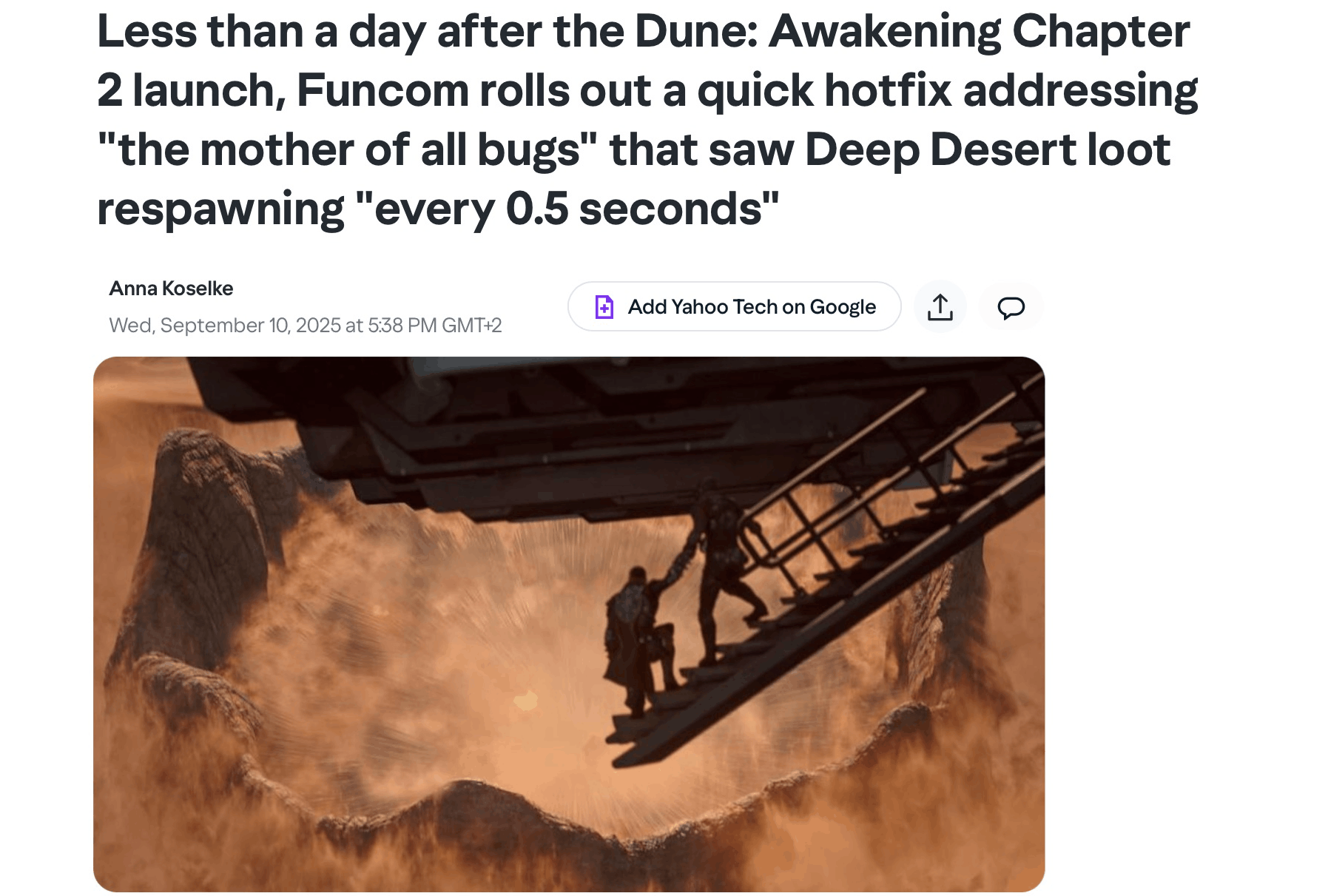 Less than a day after the Dune: Awakening Chapter 2 launch, Funcom rolls out a quick hotfix addressing "the mother of all bugs" that saw Deep Desert loot respawning "every 0.5 seconds" news article headline
