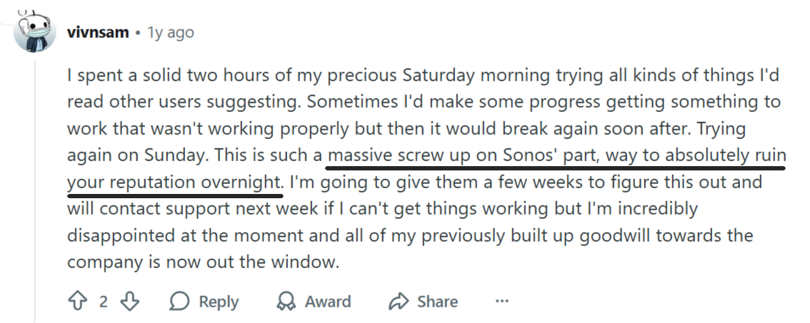User comment on Reddit describing frustration after failed software update