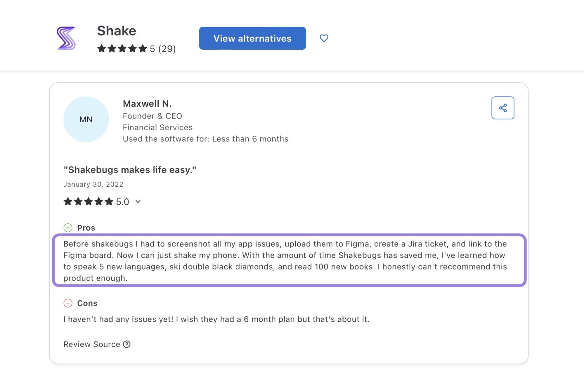 Shake user review on Capterra
