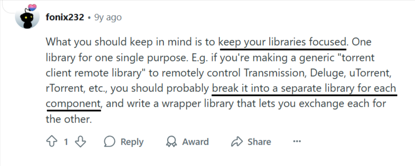 Reddit comment about libraries