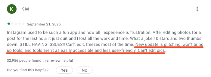 App store review describing crashes and usability issues after update