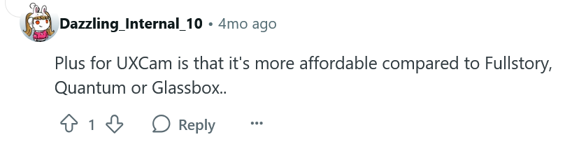 User comment about UXCam pricing compared to competitors on Reddit