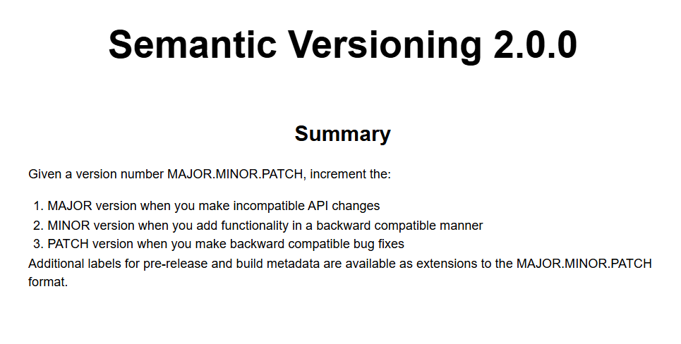 Semantic versioning 2.0.0 structure explaining major minor patch