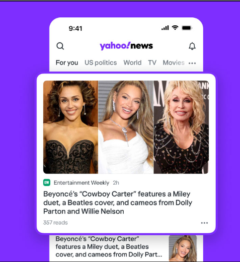 Yahoo News mobile app interface displaying celebrity news article preview