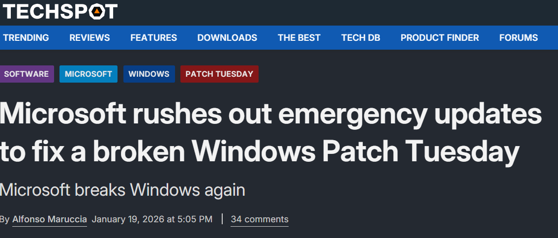 Microsoft rushes out emergency updates to fix a broken Windows Patch Tuesday news article headline