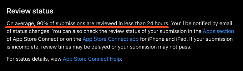 App Store review status notice stating 90% reviewed within 24 hours