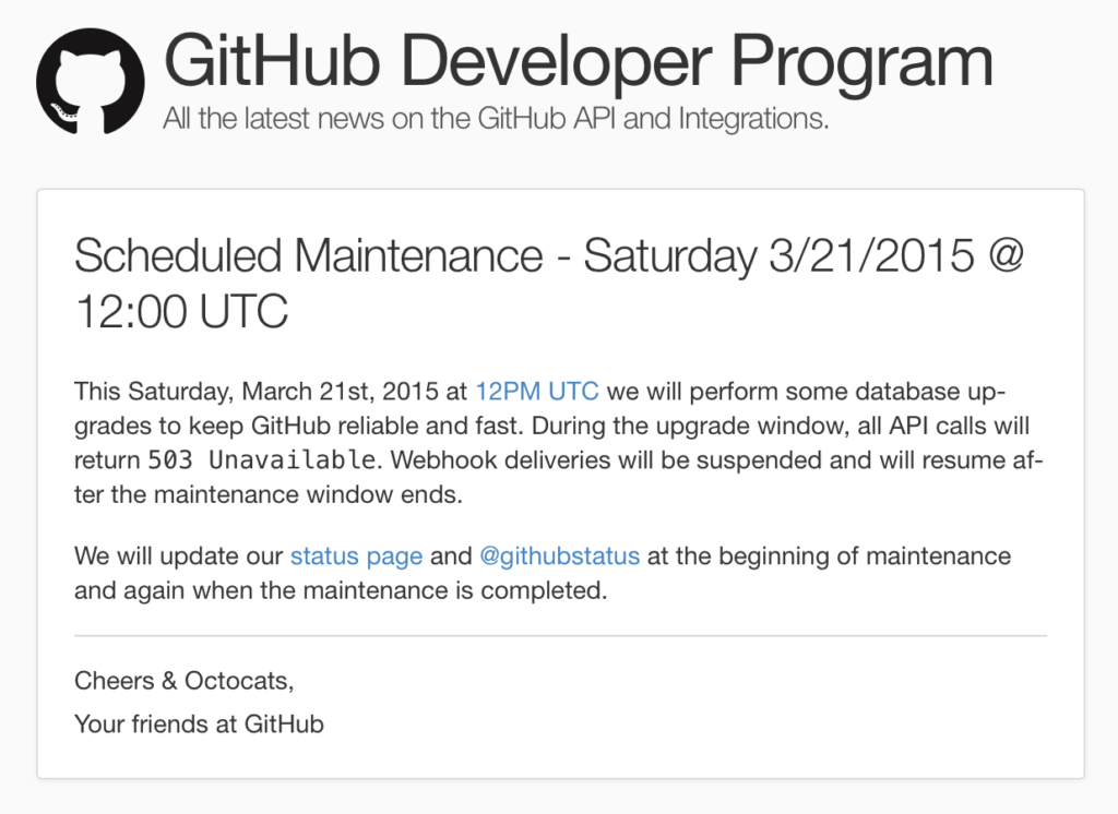 GitHub scheduled maintenance notice announcing API downtime