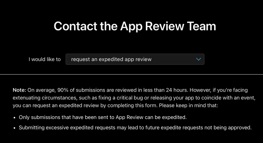 App Store Connect page for requesting expedited app review approval