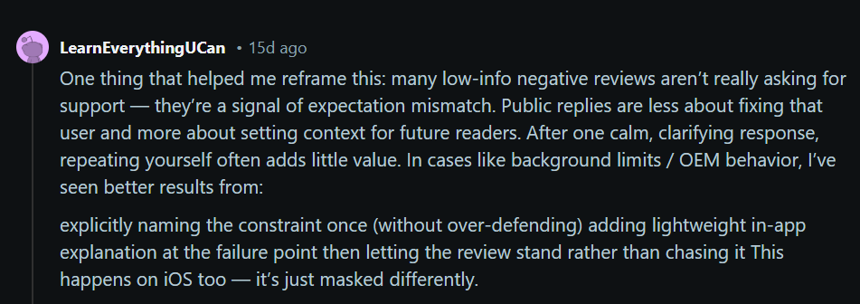 Reddit post discussing how to respond to low information negative reviews