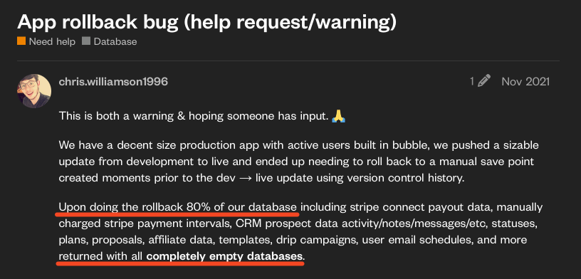 Forum post describing database issues after application rollback