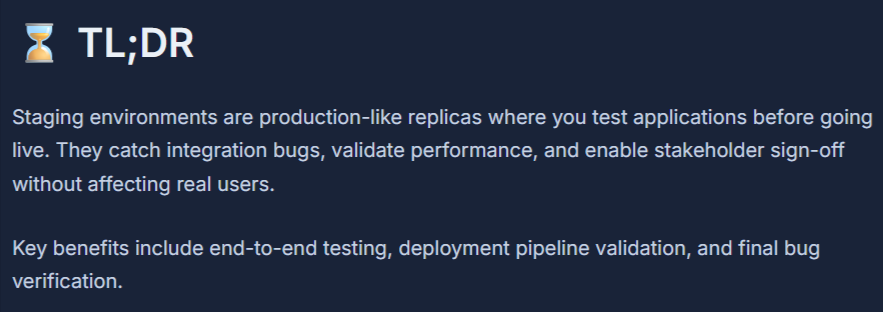 Summary explaining staging environments before production release
