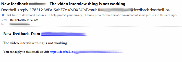 Email notification showing user feedback about video interview issue