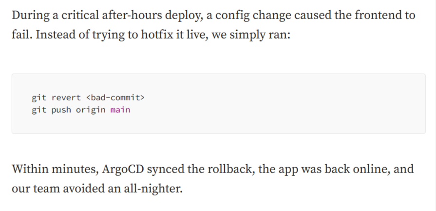 Code snippet showing git revert command used for deployment rollback