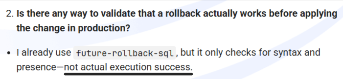 Forum question about validating rollback execution before production