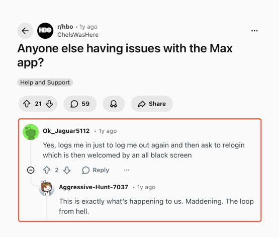 Reddit discussion about login loop and black screen issue in app