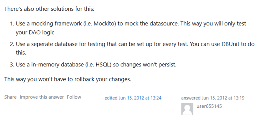 Forum answer suggesting mocking and test databases to avoid rollback