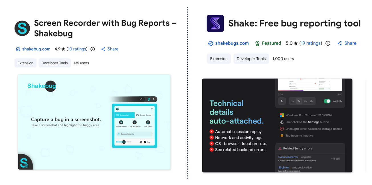 Comparison of Shake and Shakebug Chrome bug reporting extensions