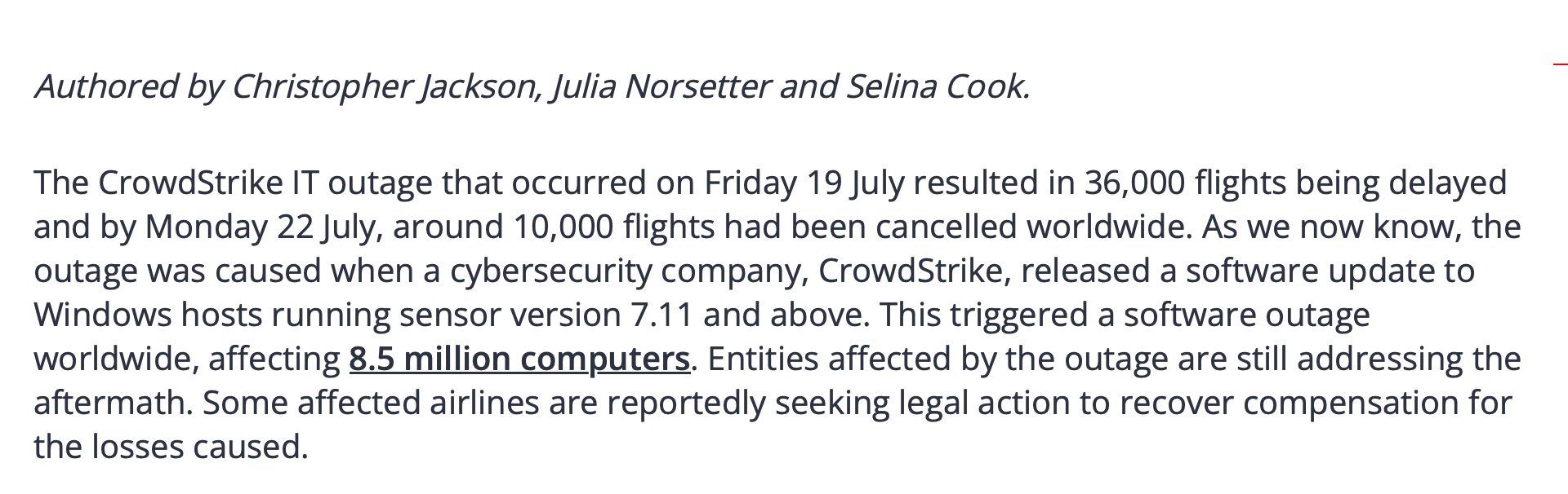 Article detailing CrowdStrike outage affecting 8.5 million computers