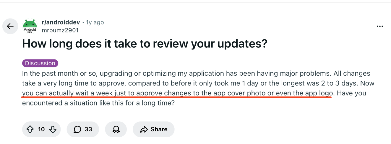Reddit discussion about delays in app update approval process