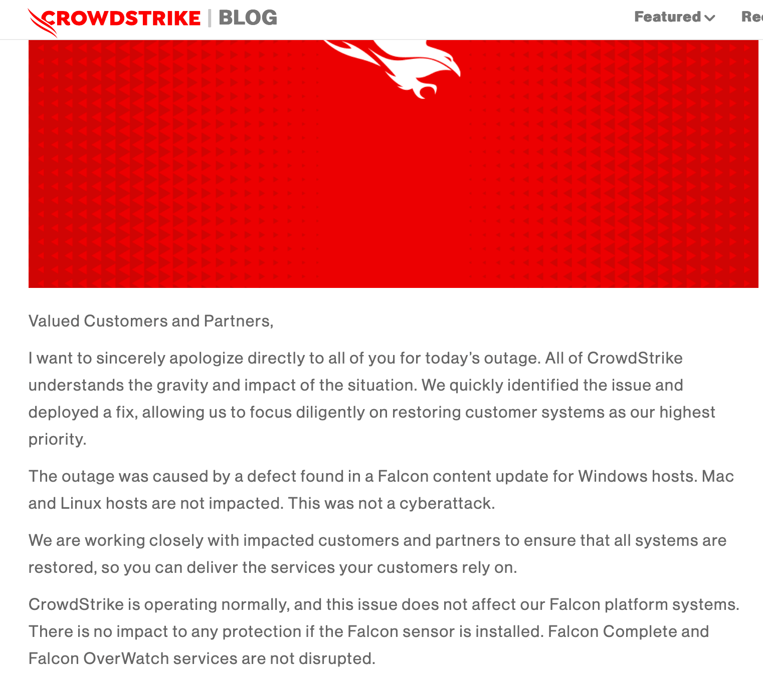 CrowdStrike blog statement explaining Windows outage and impact