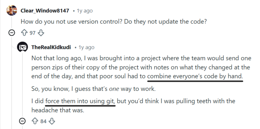 Reddit thread discussing teams not using version control systems