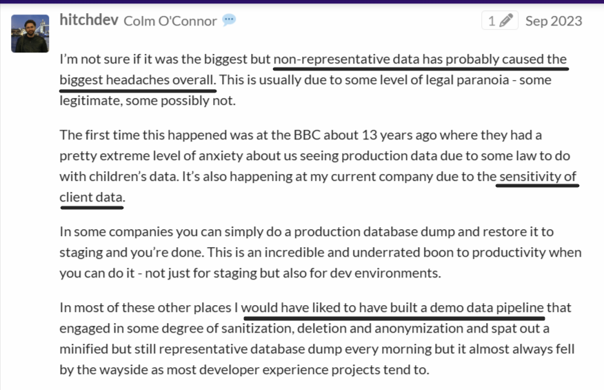 Forum discussion about sanitized production data for staging