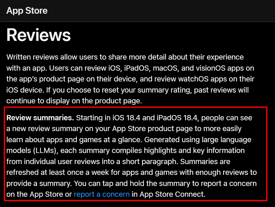 Apple App Store feature explaining AI-generated summaries of user reviews