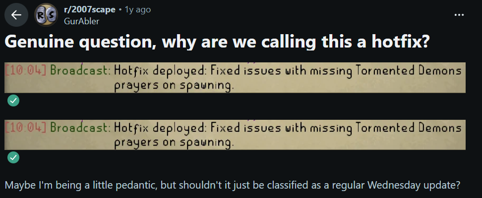 Reddit post questioning why a regular update is called a hotfix