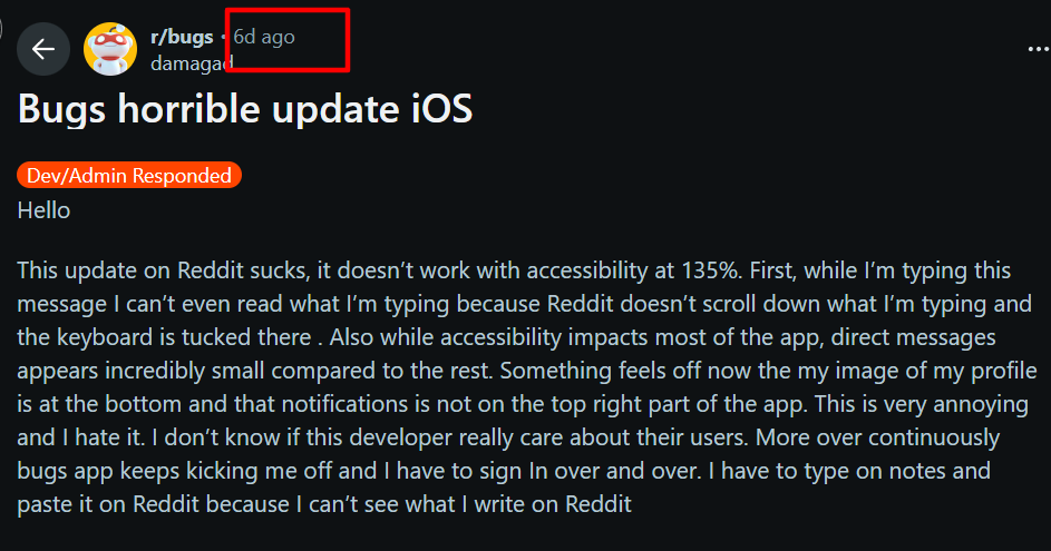 Reddit post describing severe iOS update bugs affecting accessibility and messaging