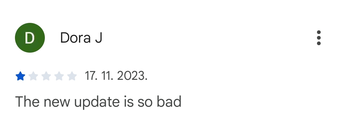 One star user review complaining about poor app update experience