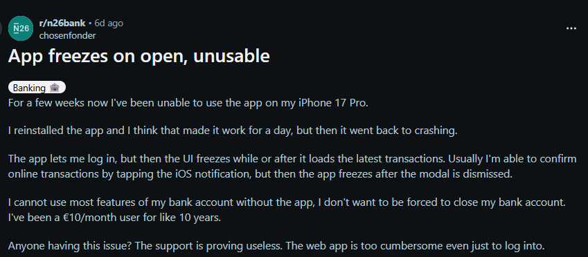 Reddit user reporting mobile banking app freezing on launch and becoming unusable