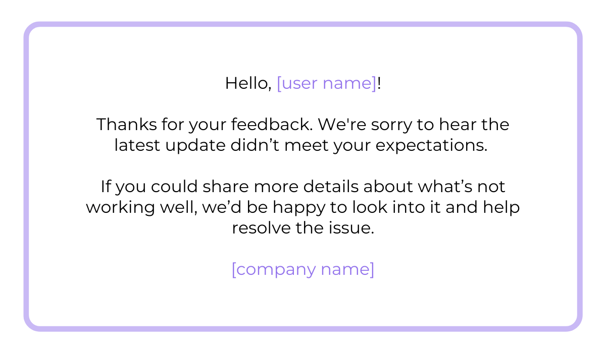 Customer support response apologizing for bad app update and asking user for more details