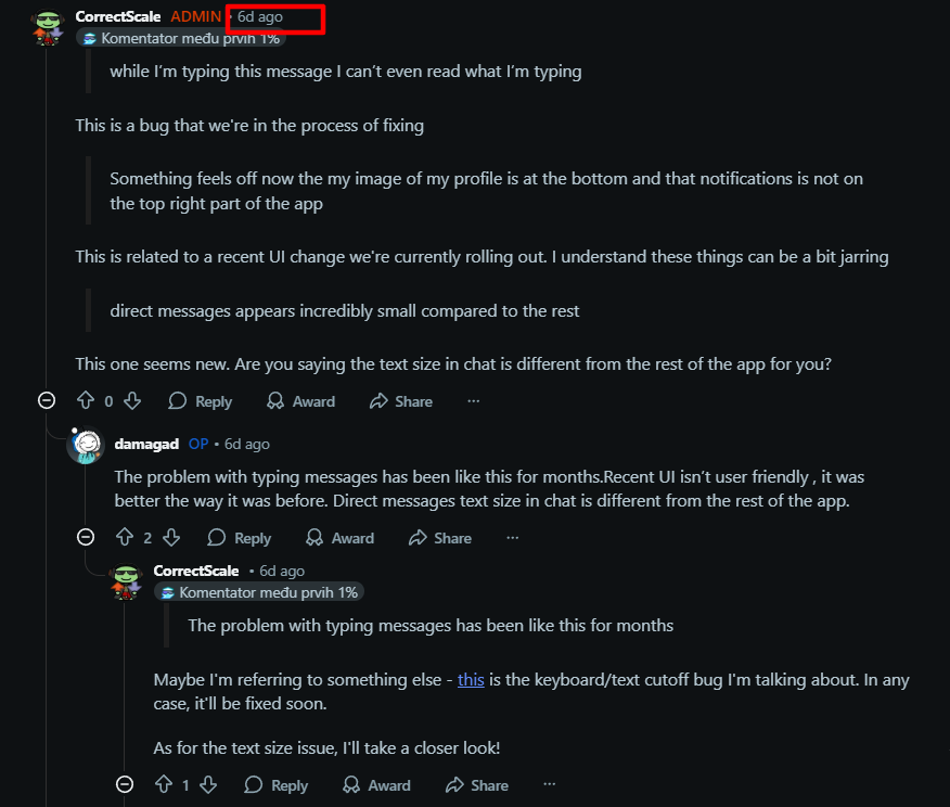 Developer responding to user complaints about bugs after a recent app UI update