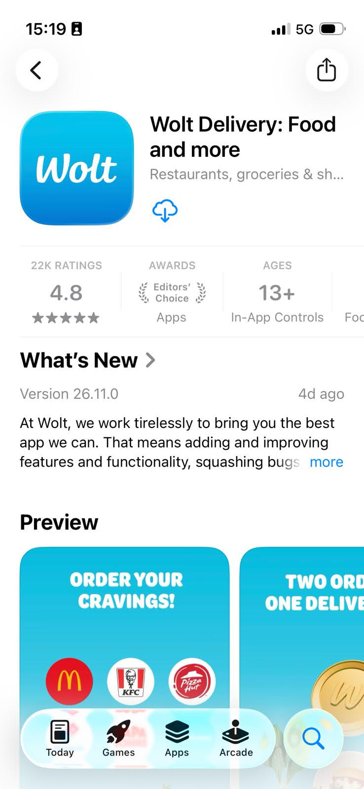 App Store listing of Wolt delivery app showing ratings reviews and app preview