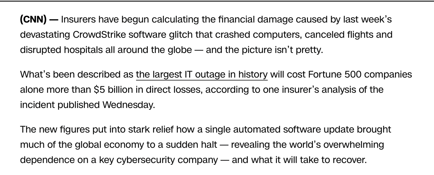 CNN article reporting $5 billion losses from CrowdStrike outage