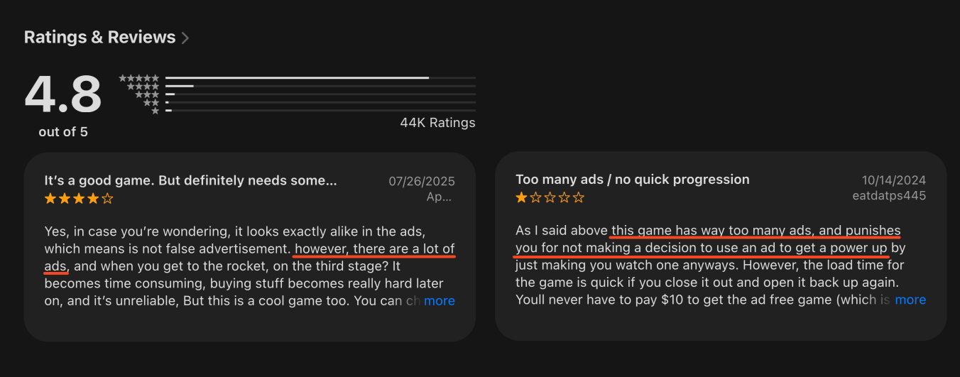 App Store reviews criticizing excessive ads and slow progression