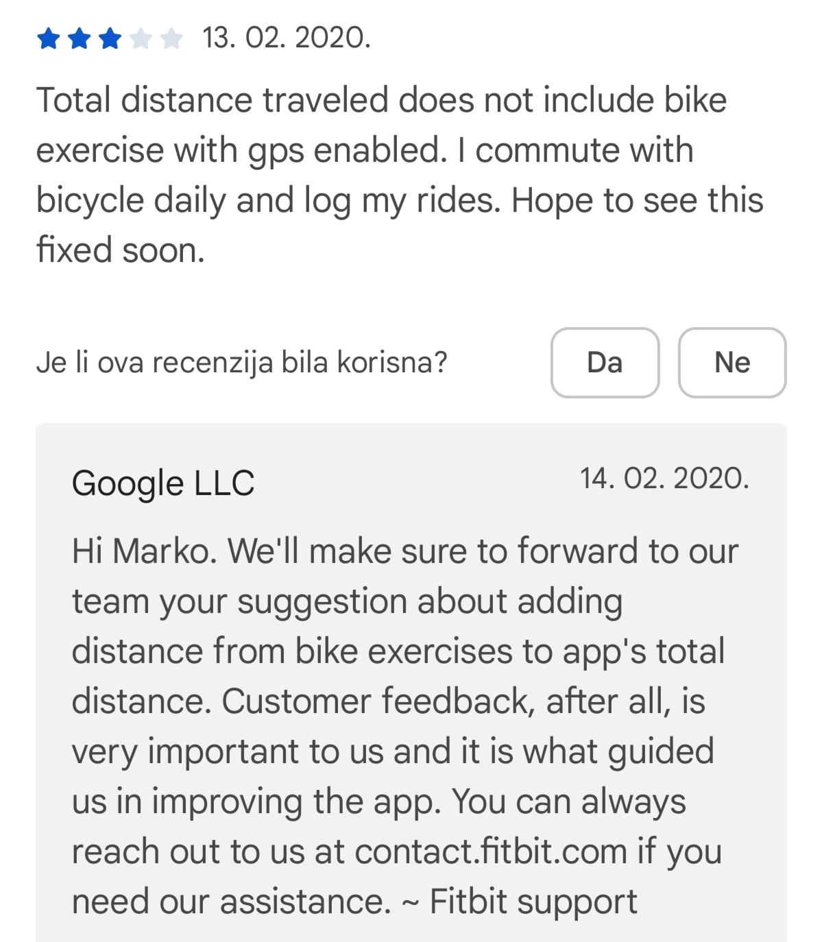 App review with developer response